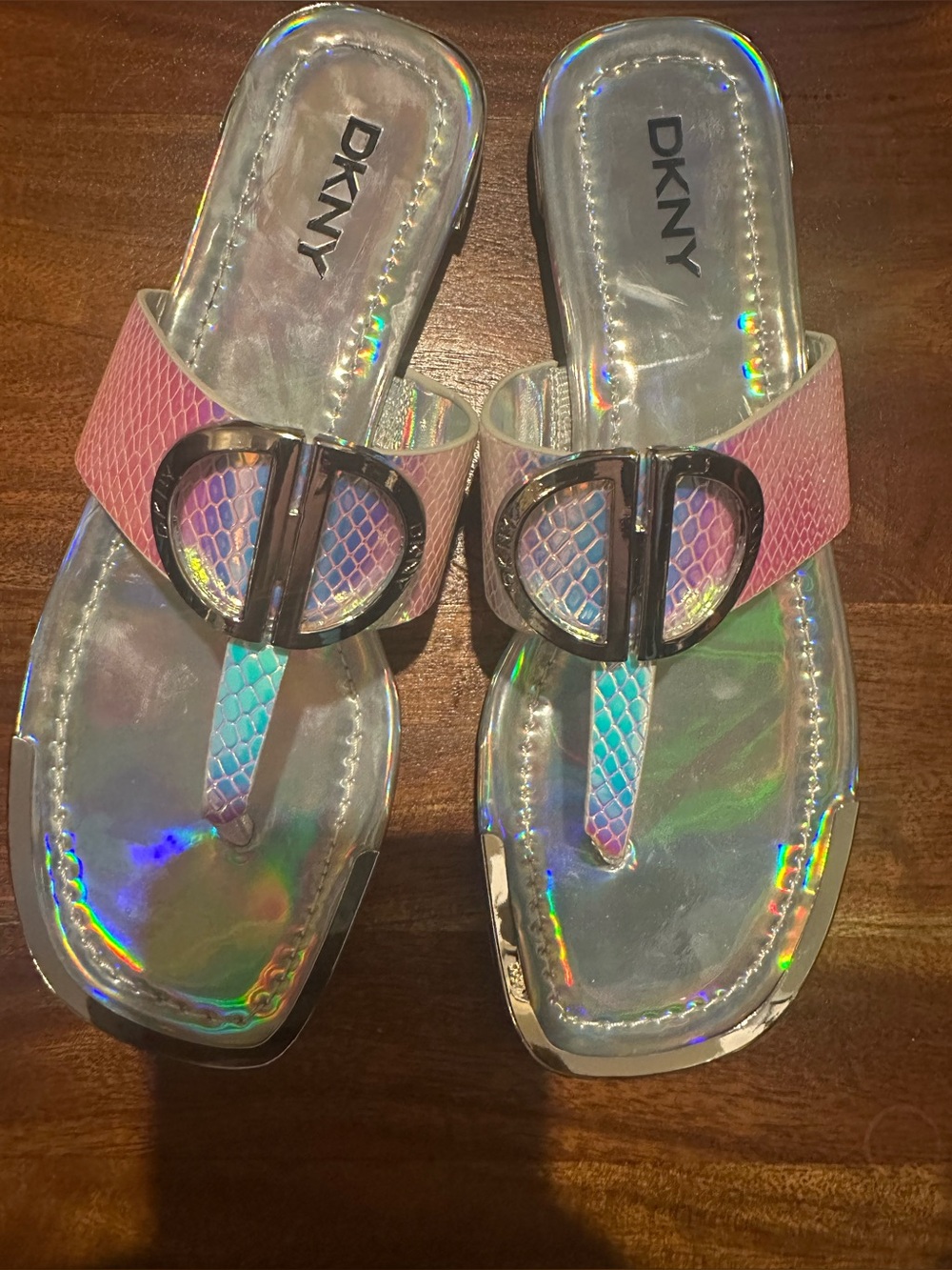 DKNY Iridescent Holographic Slide Sandals